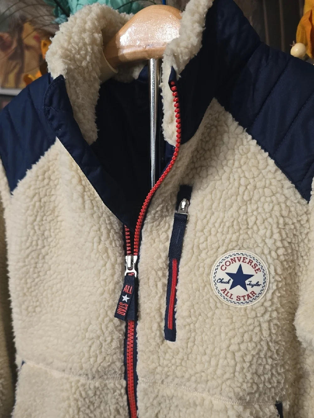 Converse Cream Sherpa Jacket with Navy Accents and Red Trim Boys 8 10